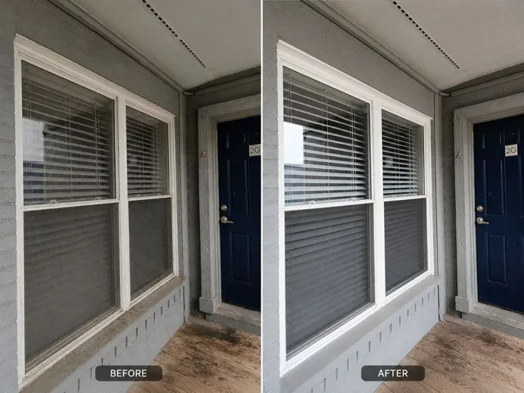 Before and after: exterior window cleaning at an apartment entrance