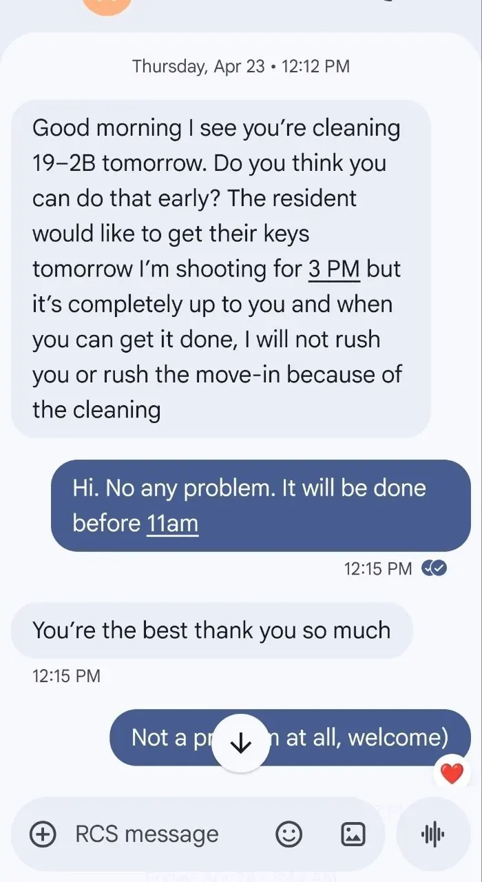 Text message thread about finishing a unit early so the resident could get keys